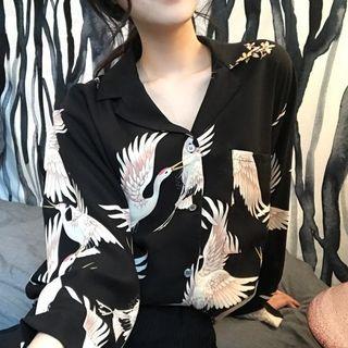 Crane Print V-neck Long-sleeve Chiffon Shirt