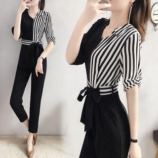 Elbow-sleeve Striped Paneled Harem Jumpsuit