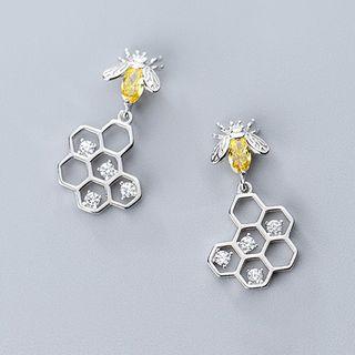 925 Sterling Silver Rhinestone Bee Drop Earring As Shown In Figure - One Size