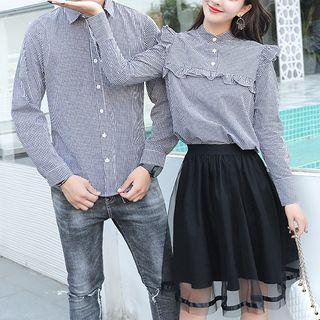 Couple Matching Gingham Shirt/ Set: Ruffle-trim Gingham Shirt + Mesh A-line Skirt