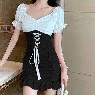 Two-tone Lace-up Mini Bodycon Dress