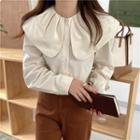 Long-sleeve Wide-collar Blouse Beige - One Size