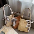 Bow Accent Straw Tote Bag
