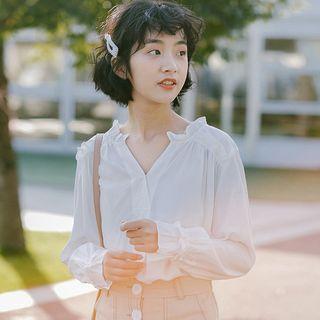 Long-sleeve V-neck Plain Chiffon Blouse