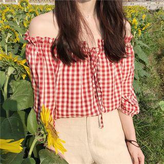 Plaid Off-shoulder Long-sleeve Top Red - One Size