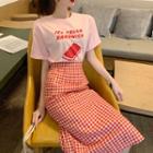 Sandwich Printing Short-sleeve T-shirt / Gingham Midi Pencil Skirt