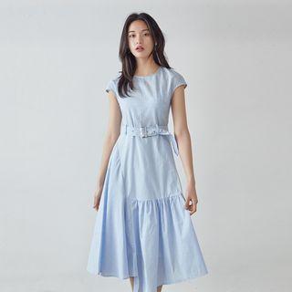 Cap-sleeve Ruffle-hem Midi Dress With Belt