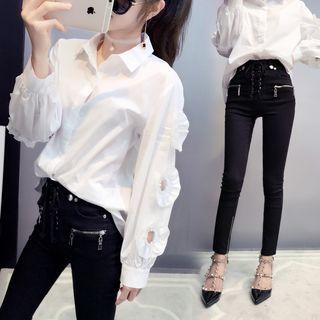 Set: Lace Up High Waist Skinny Jeans + Plain Blouse