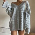 Cable Knit V-neck Cardigan Light Gray - One Size