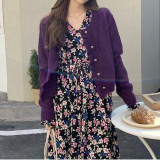 Plain Cardigan / Long-sleeve Floral Print Midi Skirt