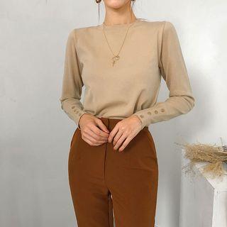 Button-cuff Plain Knit Top
