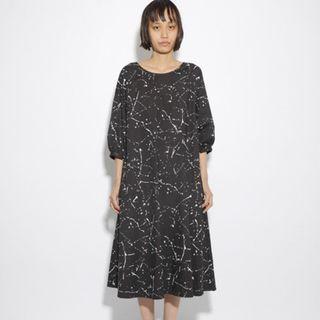 Elbow-sleeve Splash Effect Midi Dress
