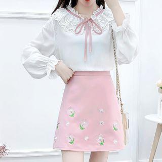 Set: Lace Trim Blouse + Embroidered A-line Skirt