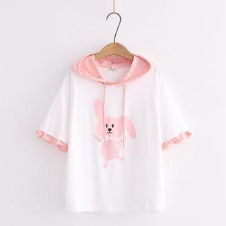 Short-sleeve Hooded Rabbit Print Frill Trim T-shirt