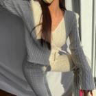 Padded-shoulder Cable-knit Wrap Cardigan