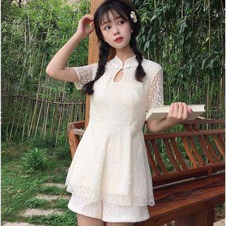 Set: Frog-button Stand-collar Short-sleeve Lace Top + Shorts