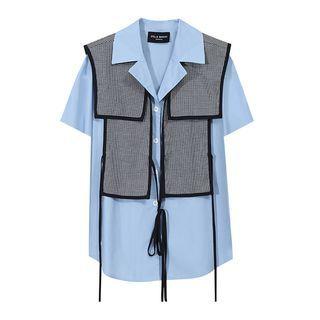 Set: Short-sleeve Plain Shirt + Plaid Vest Blue - One Size