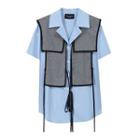 Set: Short-sleeve Plain Shirt + Plaid Vest Blue - One Size