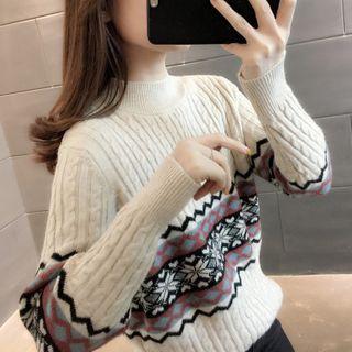 Mock-neck Snowflake Print Cable Knit Sweater