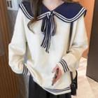 Long-sleeve Collared Ribbon Tie-neck Sweater