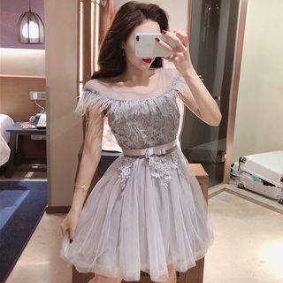 Cap-sleeve Mesh Overlay A-line Dress