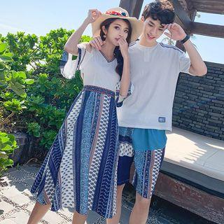 Couple Matching Elbow-sleeve Striped Midi Dress / Shorts / T-shirt