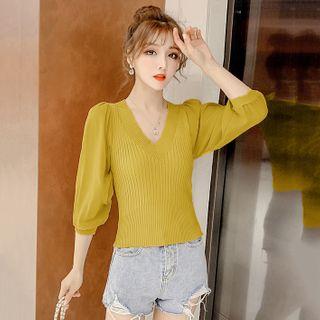 3/4-sleeve Paneled Knit Top