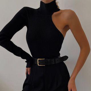 Mock Neck One Shoulder Plain Sweater