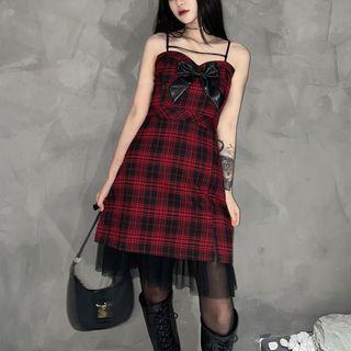 Spaghetti Strap Plaid A-line Dress / Mesh Skirt