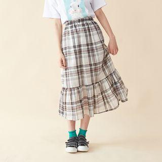 Ruffled Hem Plaid Skirt Off-white - One Size