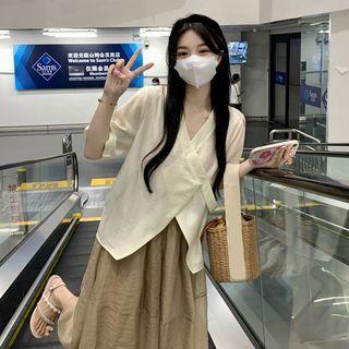 Short-sleeve Asymmetrical Shirt + Mesh Midi Skirt