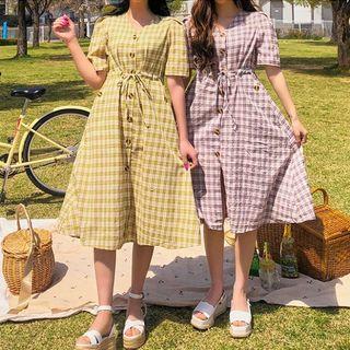 V-neck Plaid Midi Dress