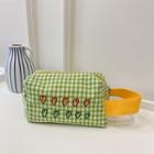 Heart Embroidered Gingham Canvas Pouch Green - One Size
