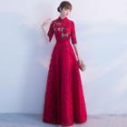 Lace Panel Elbow-sleeve A-line Evening Gown