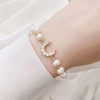 Moon Rhinestone Freshwater Pearl Bracelet Silver Rhinestone & Faux Pearl - White - One Size
