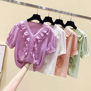 Ruffle Trim V-neck Crinkled Short-sleeve Blouse