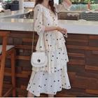Elbow-sleeve Tiered Lace Collar A-line Midi Dress