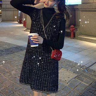 Mock-turtleneck Ribbed Knit Top / V-neck Tweed Pinafore Dress