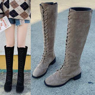 Velvet Block-heel Lace-up Tall Boots