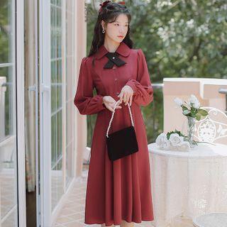 Long-sleeve Mock-tie Midi A-line Shirtdress
