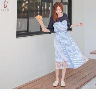 Short Sleeve Lace Panel Striped Mock Two Piece Dress