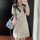 Short-sleeve Floral Print Ribbon Accent Mini A-line Dress