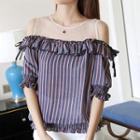 Mesh Panel Striped Cut Out Shoulder Elbow Sleeve Top