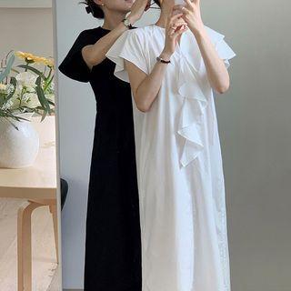 Short-sleeve Ruffle Trim Maxi Shift Dress