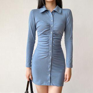 Long-sleeve Ruched Mini Bodycon Shirtdress