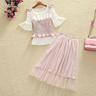 Elbow-sleeve Lace Top / Set: Ruffled Camisole Top + Mesh A-line Skirt / Set: Elbow-sleeve Lace Top + Ruffled Camisole Top + Mesh A-line Skirt