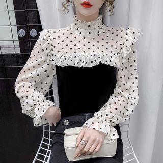 Long-sleeve Dotted Frill Trim Blouse