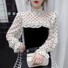 Long-sleeve Dotted Frill Trim Blouse