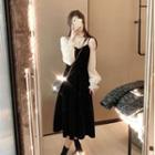 Long-sleeve Mock-neck Plain Blouse / Plain Frill Trim Velvet Overall Dress