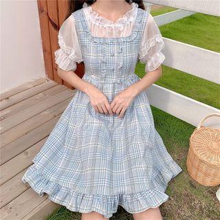 Short-sleeve Mesh Top / Plaid Ruffled A-line Pinafore Dress